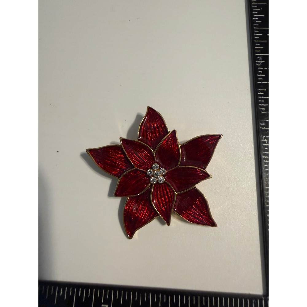 Eisenberg Ice Red Enamel Poinsettia Brooch Gold Tone Christmas Holiday Pin